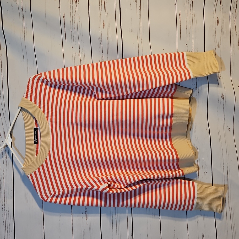 Striped Knit Set Top & Skirt Coral Beige‎ Long Sleeve Button Accents  Sz M - Picture 2 of 8
